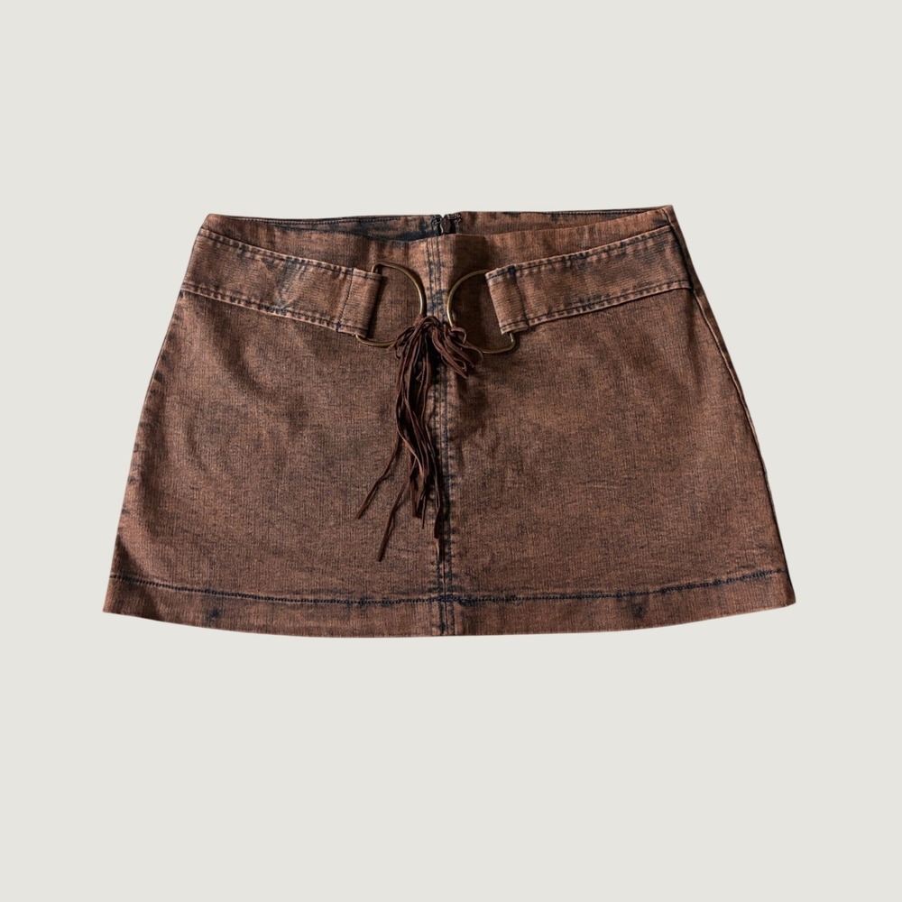 Silence + Noise Brown Acid Wash Denim Mini Skirt Fringe O-Ring Western S Street